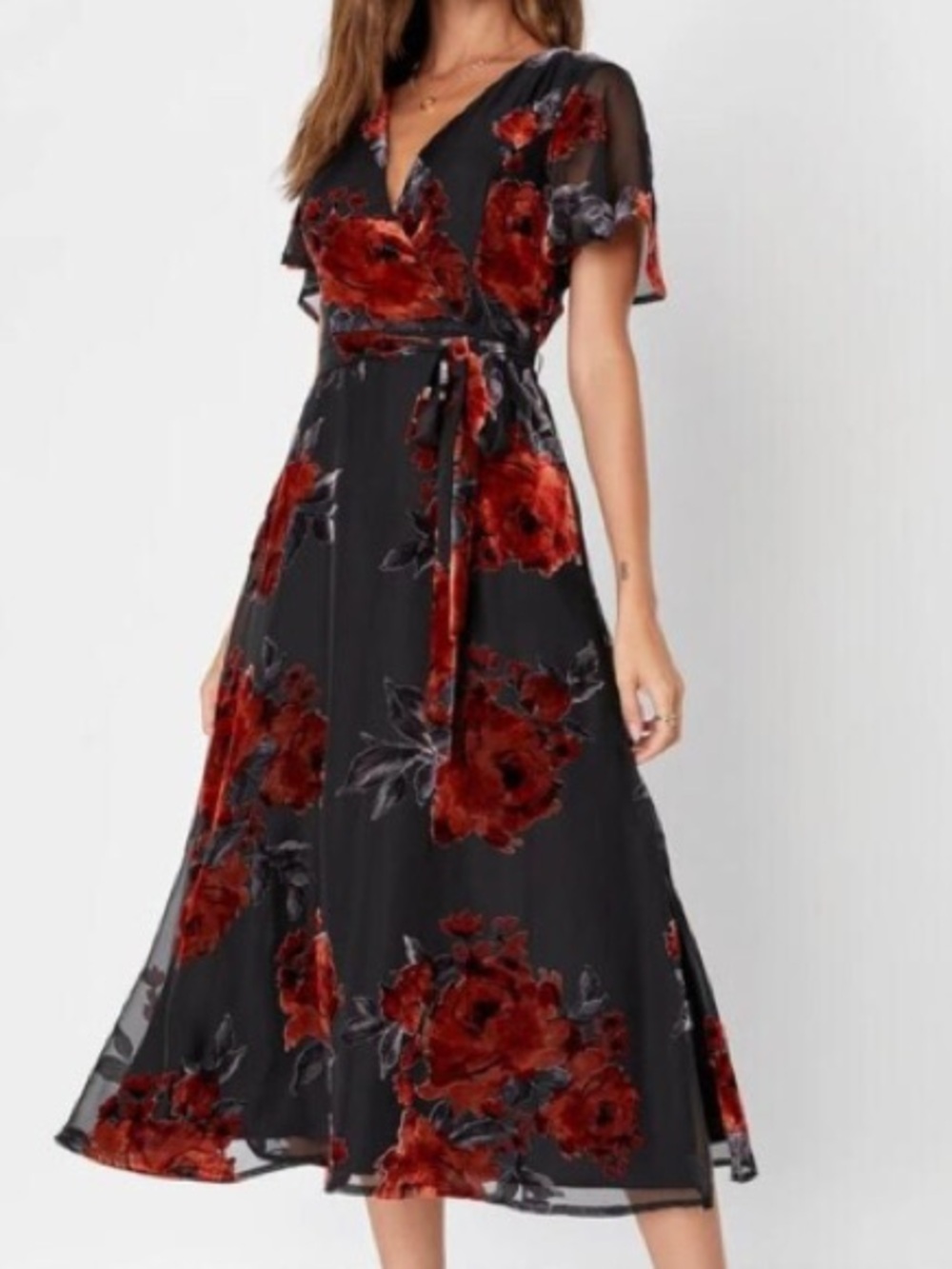Lulus | V-Neck Black Dress with Velvet Rust Floral